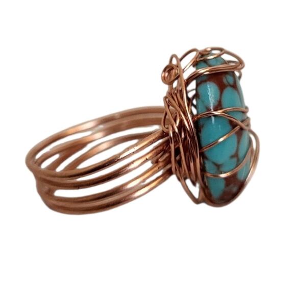 Handmade Copper Wire Wrapped Turquoise Stone Statement Ring - Picture 2 of 4